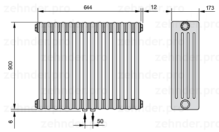 Схема (чертеж) Радиатор Zehnder Charleston 5090/14 №3470 Белый глянцевый RAL 9016